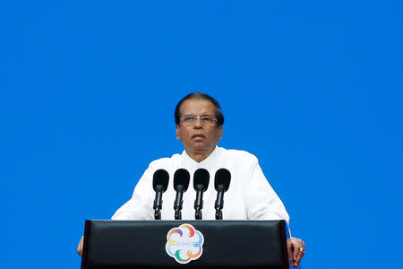 Sri Lankan President Maithripala Sirisena speaks at the Conference on Dialogue of Asian Civilizations in Beijing, China May 15, 2019. REUTERS/Thomas Peter