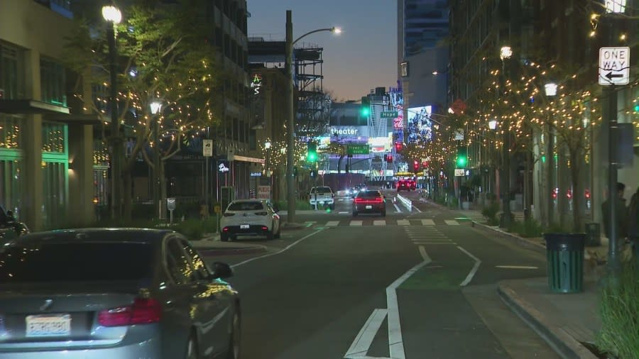 More than 10,000 feet of string lights have been installed on 11th street in downtown Los Angeles between Broadway and L.A. Live. Local businesses and city officials are hopeful the lights will be in revitalizing DTLA. The lights were lit up on April 8, 2024. (KTLA)