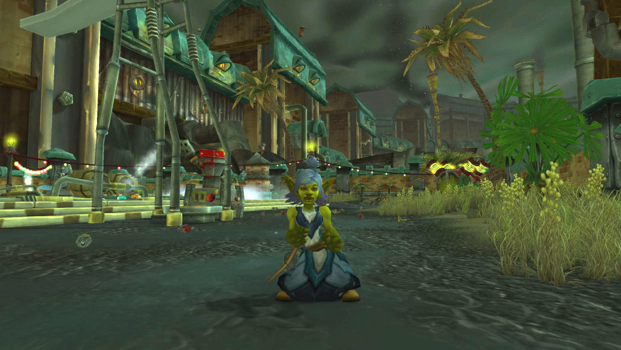  WoW Cataclysm goblin classes - a goblin is standing in front of some buildings in Kezan. 