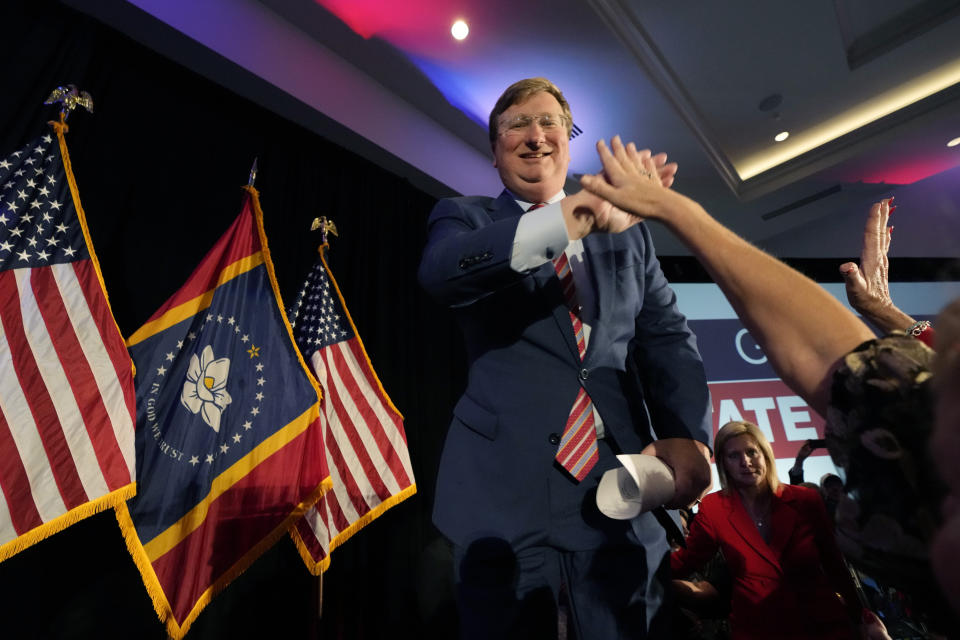 Mississippi Republican Gov. Tate Reeves greets supporters before addressing them at his gubernatorial reelection watch party in Flowood, Miss., Tuesday, Nov. 7, 2023. (AP Photo/Rogelio V. Solis)