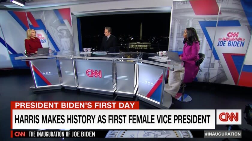 Dana Bash, Jake Tapper and Abby Philip in Washington during CNN's coverage President Biden's inauguration on Jan. 20, 2021.