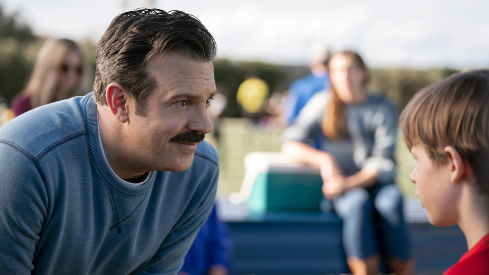 (L, R) Jason Sudeikis as Ted Lasso and Gus Turner as Henry Lasso in Ted Lasso season 3 episode 12, 