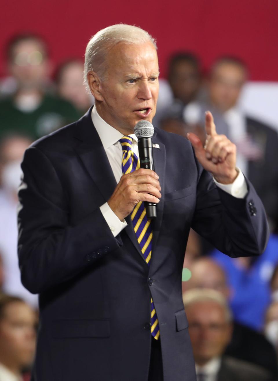 President Joe Biden emphasizes a point during a speech at Max S. Hayes High School in Cleveland on Wednesday.