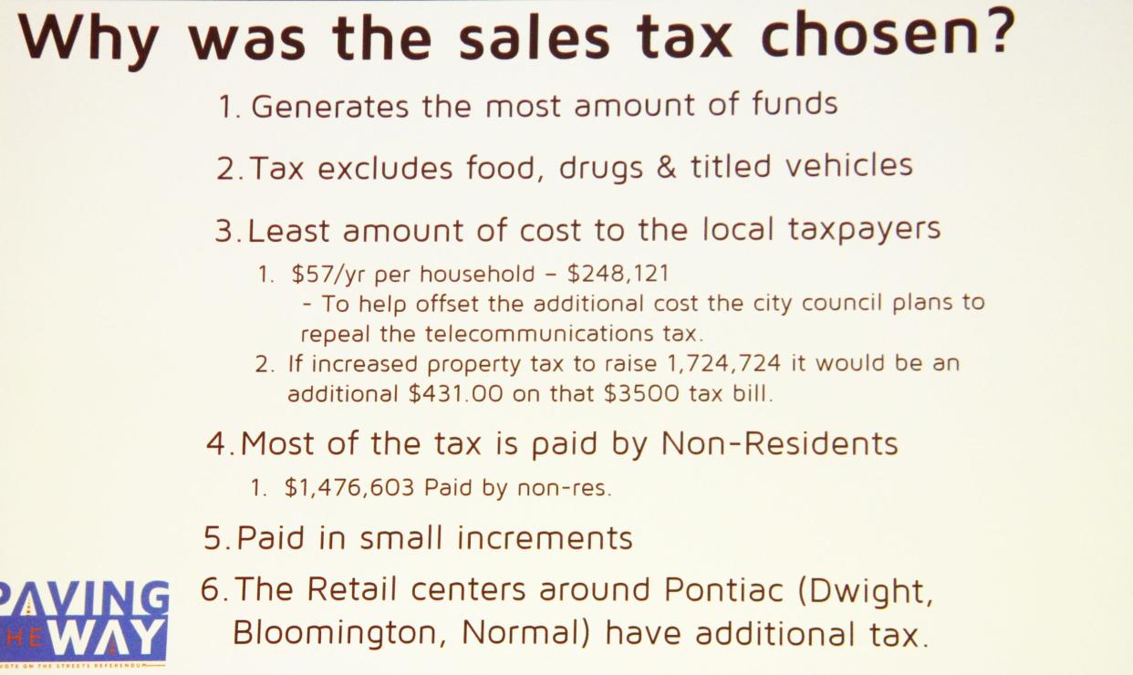 An illustration shown at the town hall meetings regarding the 1 percent sales tax referendum shows why this route was chosen by the city to raise money for street repair.