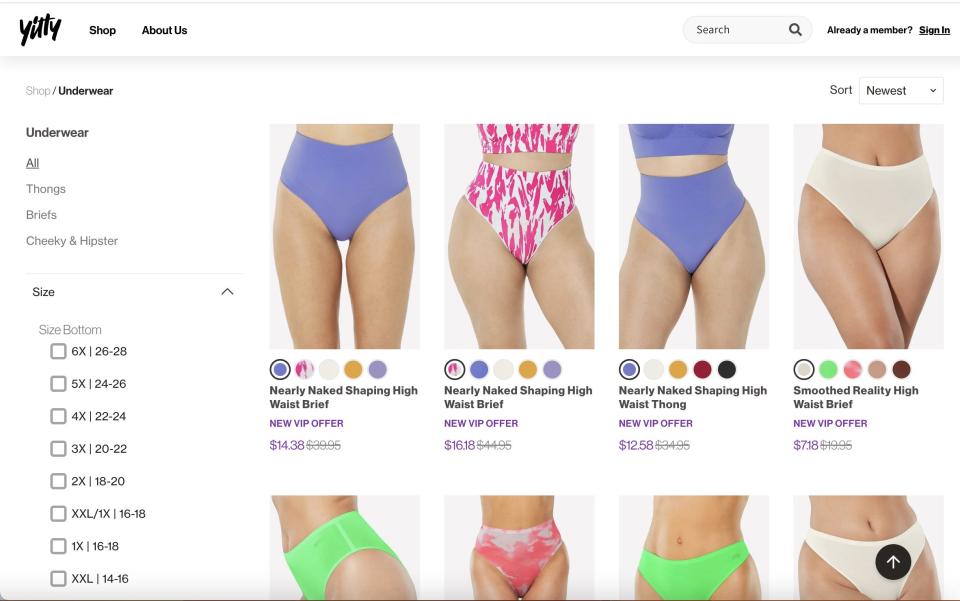 Screenshot of Yitty's underwear section.