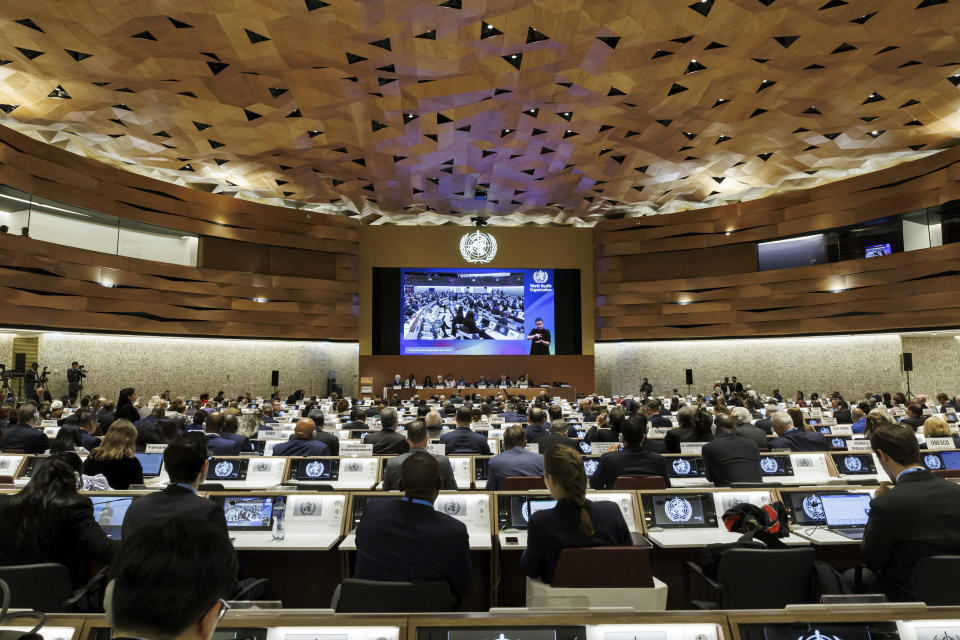 A general view during the opening of the 77th World Health Assembly (WHA77) at the European headquarters of the United Nations in Geneva, Switzerland, Monday, May 27, 2024. The World Health Organization is kicking off its annual meeting on Monday and government ministers and other top envoys are looking to reinforce global preparedness for, and responses to the next pandemic in the devastating and deadly wake of COVID-19. (Salvatore Di Nolfi/Keystone via AP)