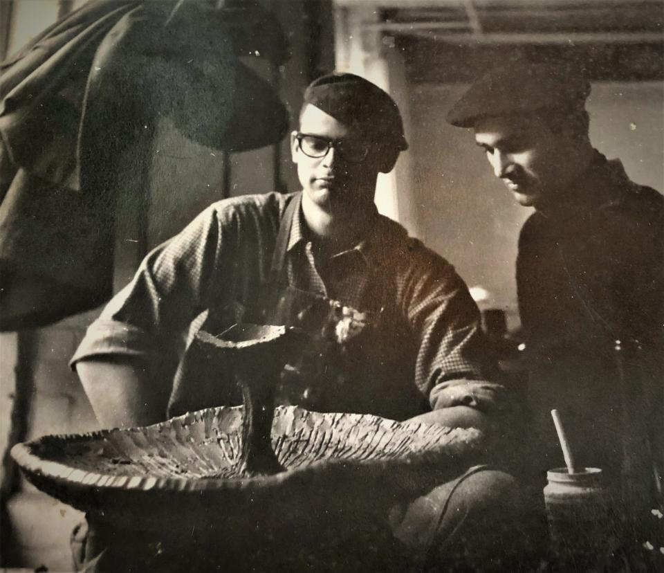 George Greenamyer, left, as a young art student in Philadelphia in the early 1960s. He studied 3D art and later added ceramics and steel sculpture.