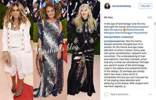 Sarah Jessica Parker replied to blogger Ivy Marshall. (Photo: @ivymarshallblog/Instagram)