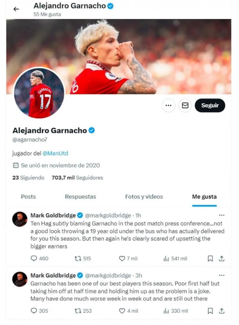 Alejandro Garnacho . Los likes del argentino a un usuario de Twitter que criticaba a Erik Ten Hag, DT del Manchester United