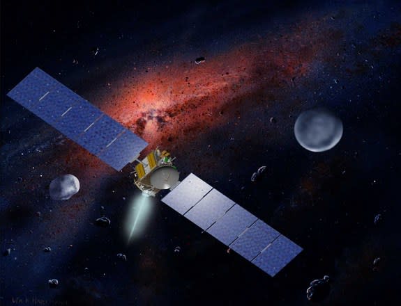 An artist's concept of NASA's Dawn spacecraft. The asteroid Vesta, which the craft has already left, is on the left. Dawn will reach Ceres, shown on the right, in March 2015.