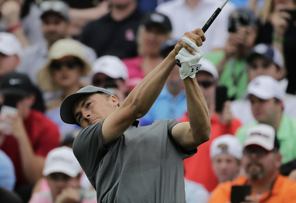 Jordan Spieth drives off the first tee during the final round of the PGA Championship golf tournament, Sunday, May 19, 2019, at Bethpage Black in Farmingdale, N.Y. (AP Photo/Seth Wenig)
