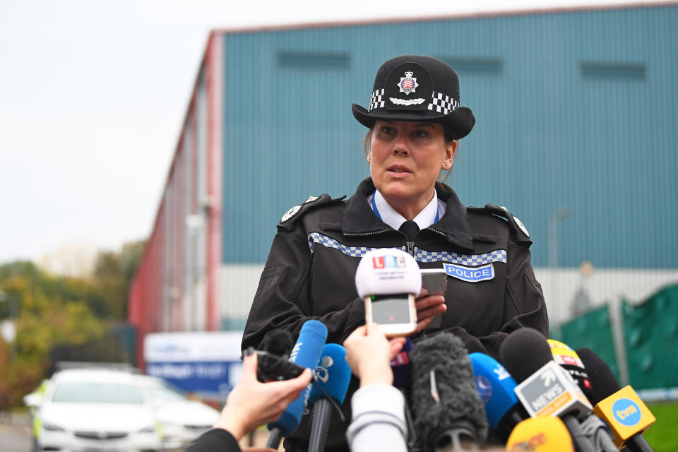 Deputy Chief Constable Pippa Mills speaks to the media at the Waterglade Industrial Park in Grays, Essex, after 39 bodies were found inside a lorry on the industrial estate.