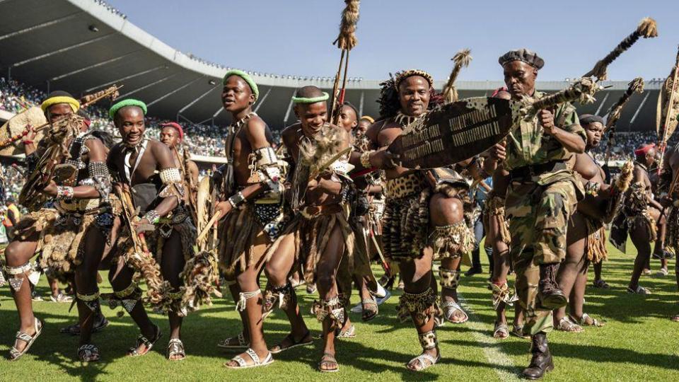 Zulu fighters as well as supporters of the MK (uMkhonto WeSizwe) party gather during the party's People's Mandate Rally held at the Orlando Stadium, Soweto, Johannesburg, South Africa, May 18, 2024