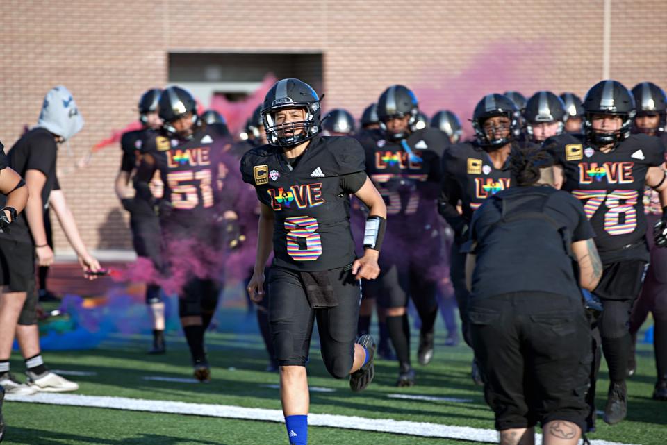 Portsmouth native Brittany Bushman (8) has played women’s tackle football since 2005, the past five seasons with the Texas Elite Spartans.