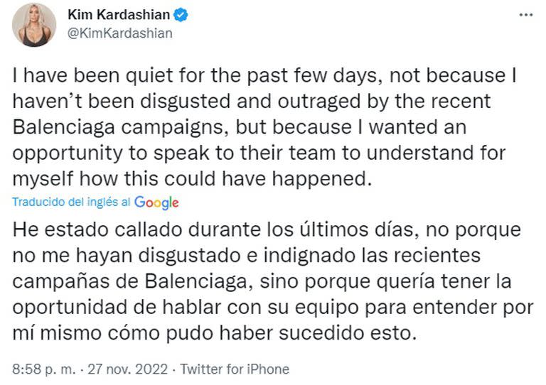 Tuit de Kim Kardashian en repudio a Balenciaga
