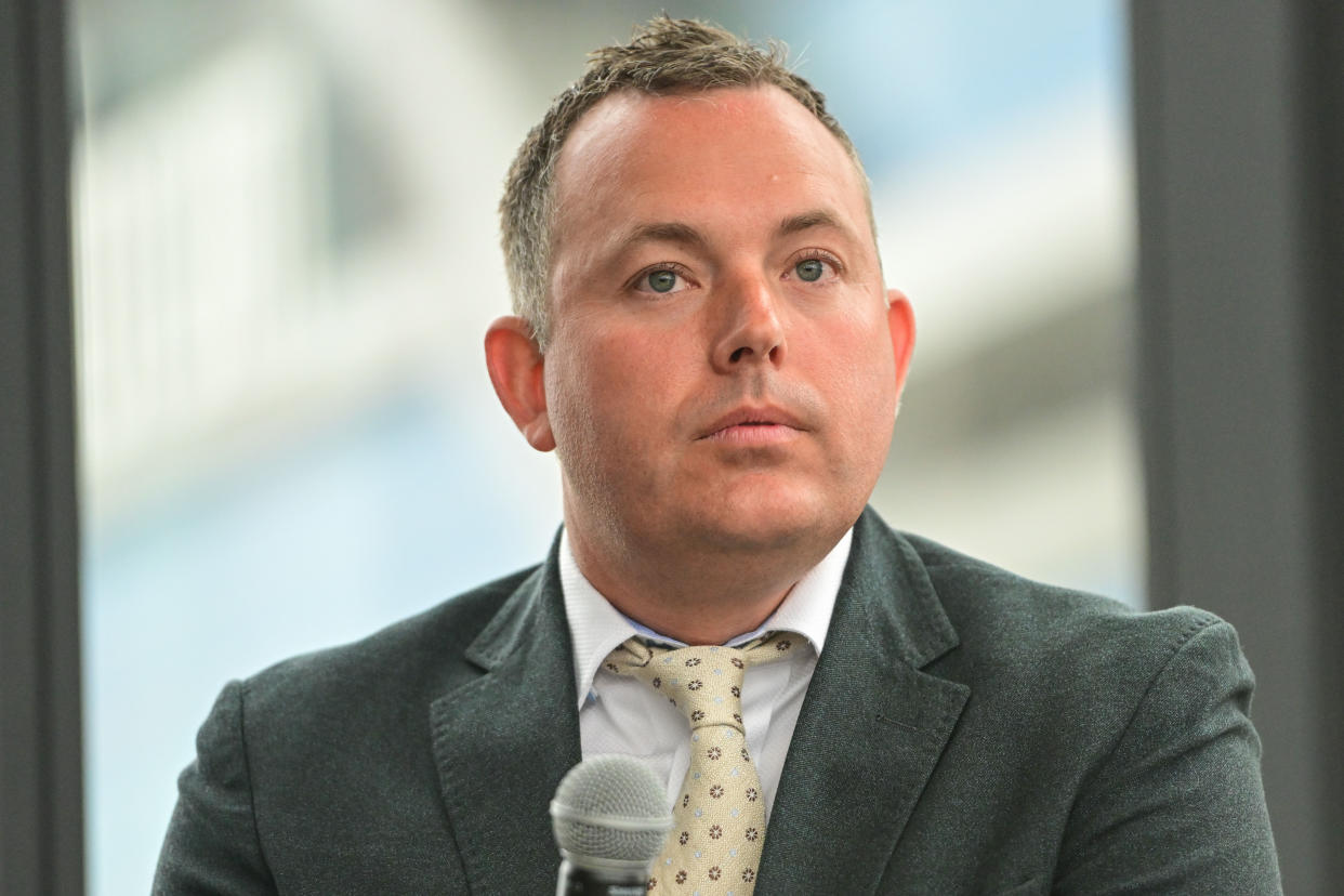 Jun 6, 2023; Milwaukee, WI, USA;  Milwaukee Bucks general manager Jon Horst talks about the hiring of a new head coach at a press conference in Milwaukee. Mandatory Credit: Benny Sieu-USA TODAY Sports