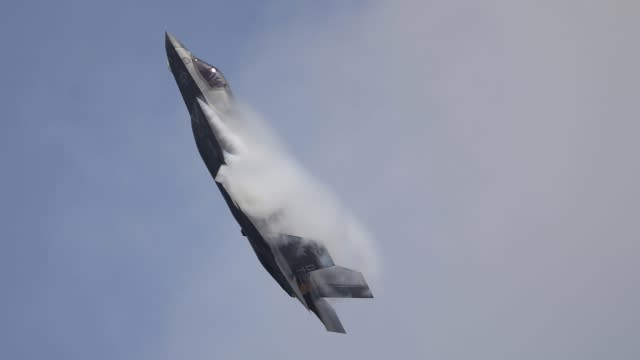 A U.S. Marine Corps F-35B Lightning II takes part in an aerial display.