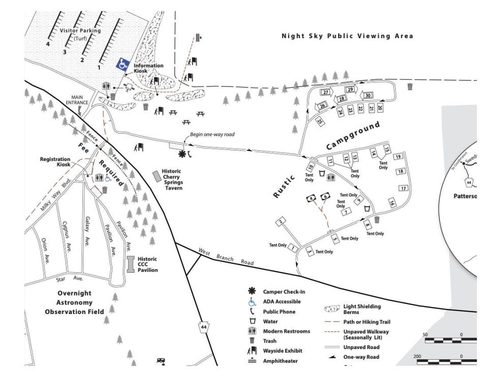 Map of Cherry Springs State Park. Cherry Hills State Park offers prime viewing of meteorite showers during the fall season.