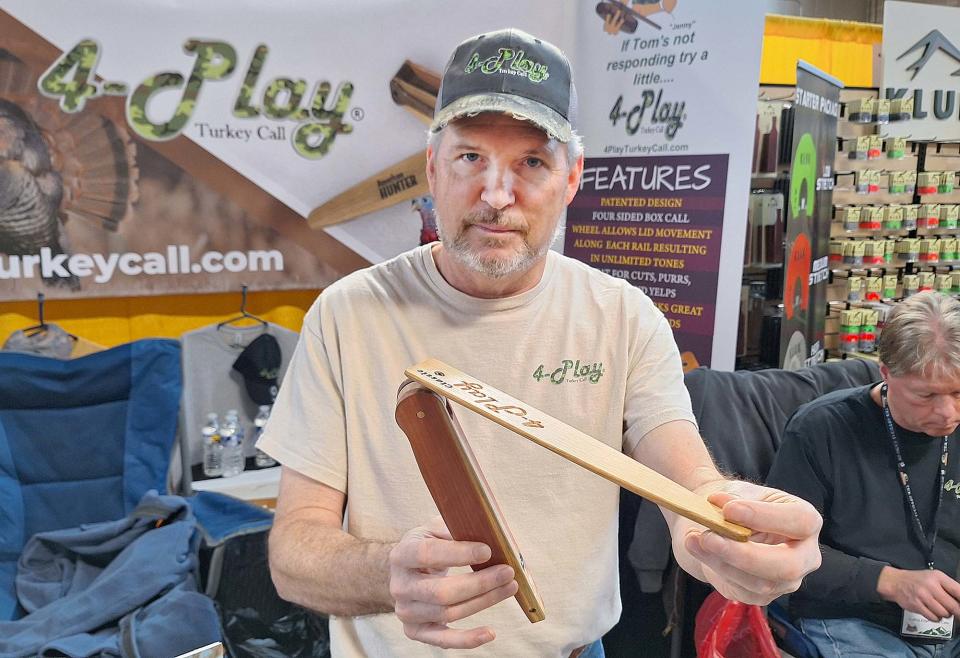 Brian Benolken of Cutting Edge Game Calls holds a new design of turkey call, the 4-Play Classic, that stays quiet when being carried through the woods. He said the Great American Outdoor Show in Harrisburg is providing him a soft launch opportunity for the invention.