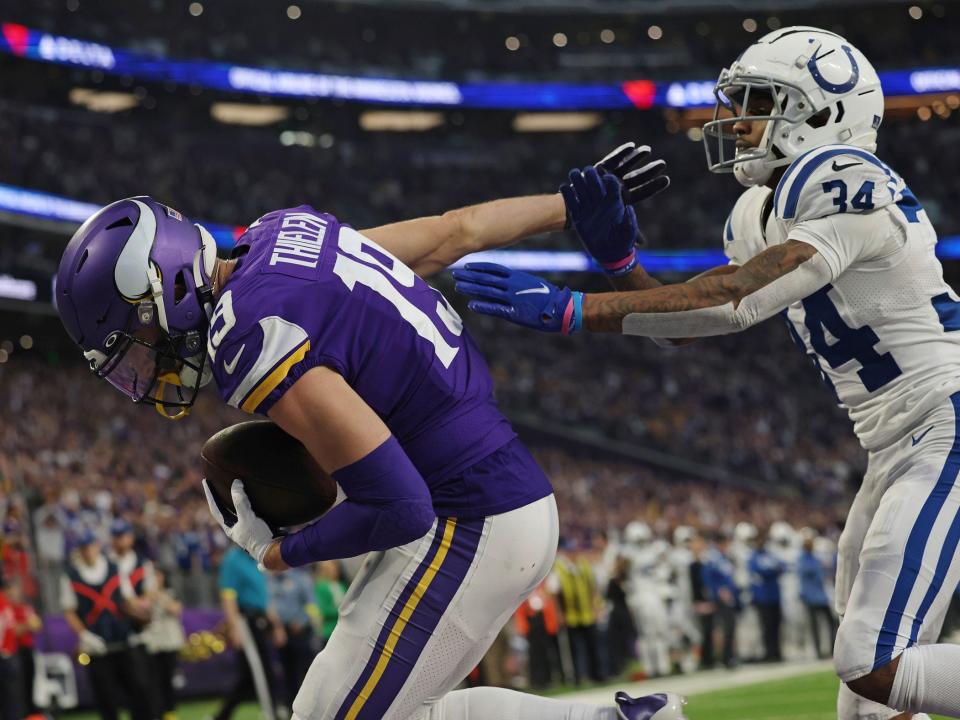 Adam Thielen scores a touchdown against the Indianapolis Colts.