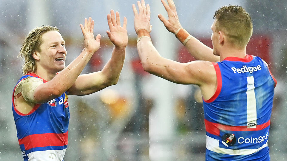 Cody Weightman, pictured here after kicking a goal in the Western Bulldogs' win over Essendon.