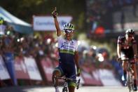 Orica GreenEdge rider Esteban Chaves of Colombia crosses the finish line to win the 158.7 km (98.6 miles) 2nd stage of the Vuelta Tour of Spain cycling race from Alhaurin de la Torre to Caminito del Rey, in Ardales, southern Spain, August 23, 2015. REUTERS/Jon Nazca