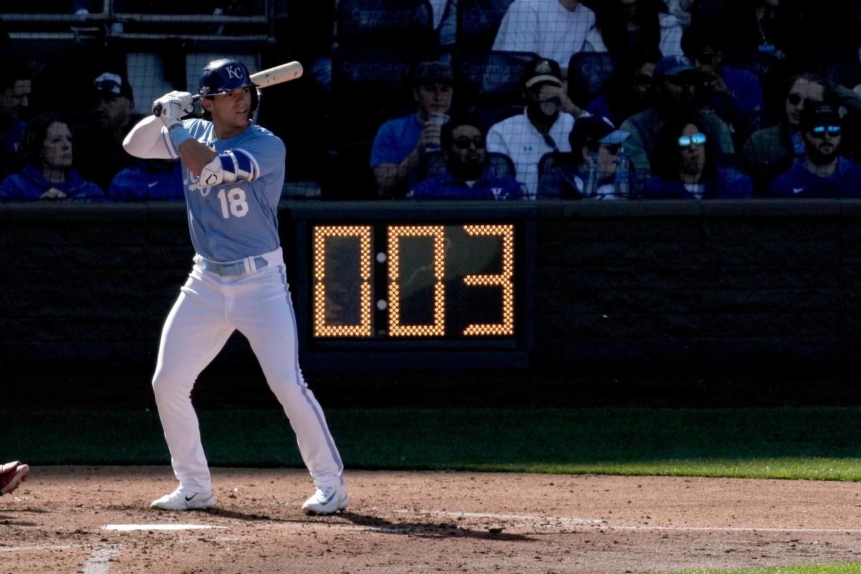 Kansas City Royals' Nate Eaton waits for the pitch by Minnesota Twins starting pitcher Sonny Gray as the pitch clock counts down during the fourth inning of a baseball game Saturday, April 1, 2023, in Kansas City, Mo. (AP Photo/Charlie Riedel)