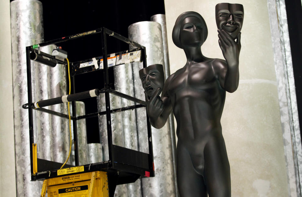 An Actor statue for the 19th annual SAG Awards are seen on stage, Saturday, Jan 26, 2013 in Los Angeles. The SAG Awards will be held Jan. 27, 2013. (Photo by Matt Sayles/Invision/AP)