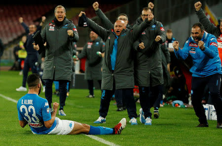 Soccer Football - Serie A - Napoli vs Genoa - Stadio San Paolo, Naples, Italy - March 18, 2018 Napoli's Raul Albiol celebrates scoring their first goal REUTERS/Ciro De Luca