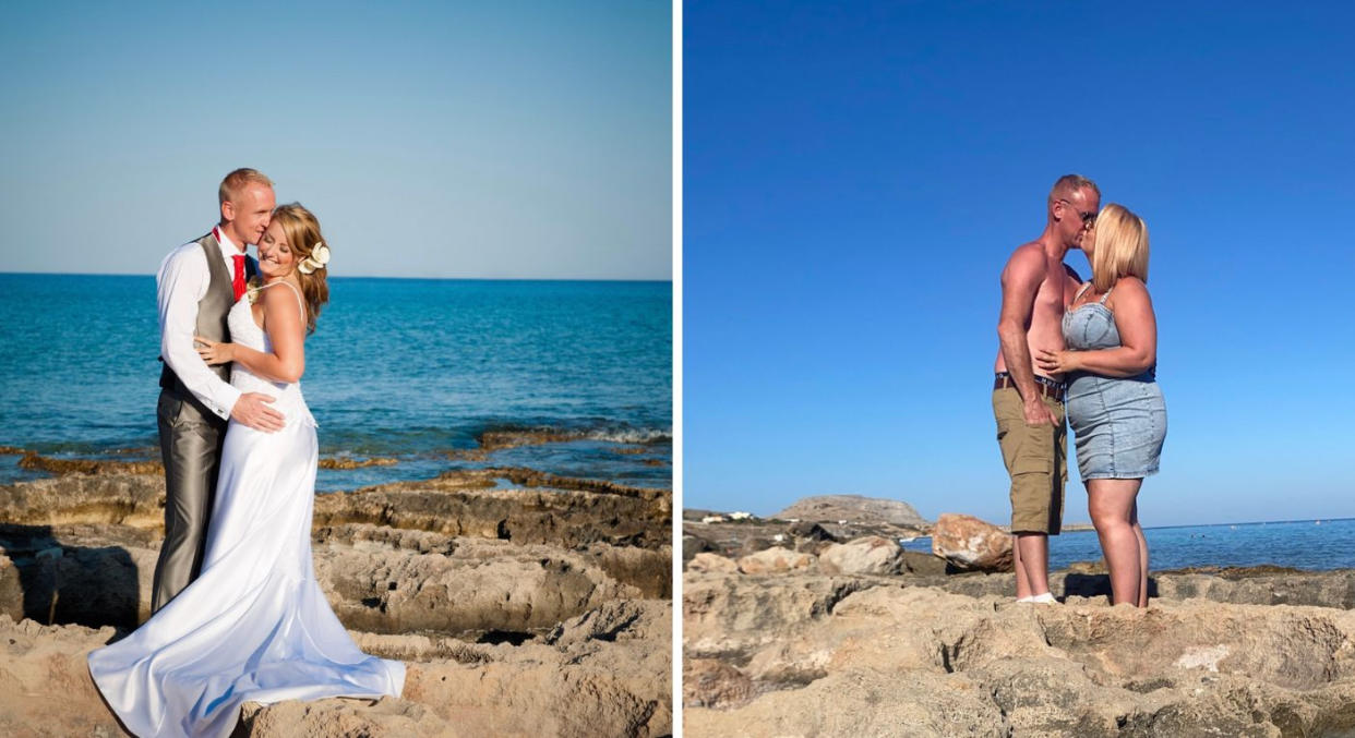 Amy Bates on her wedding day (left) and 10 years later, after finding her 'happy weight'. (Supplied)