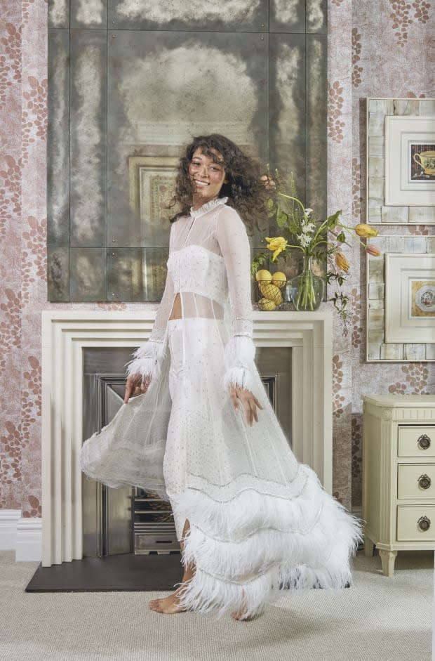 The feathered caftan wedding look from Sahroo.