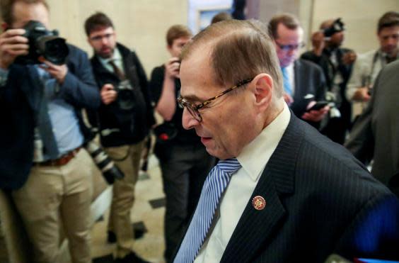Jerrold Nadler, chairman of the House Judiciary Committee, walks into a press conference to announce articles of impeachment into Donald Trump (REUTERS)