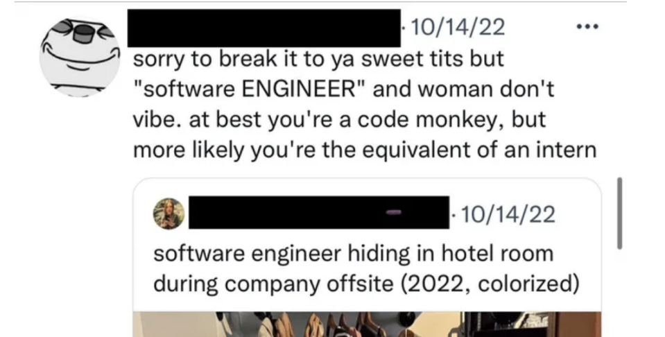 Man saying that software engineering and women "don't vibe"