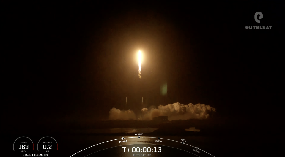 A SpaceX Falcon 9 rocket boosts the Eutelsat 10B communications satellite from Cape Canaveral Space Force Station on Tuesday, Nov. 22, 2022.