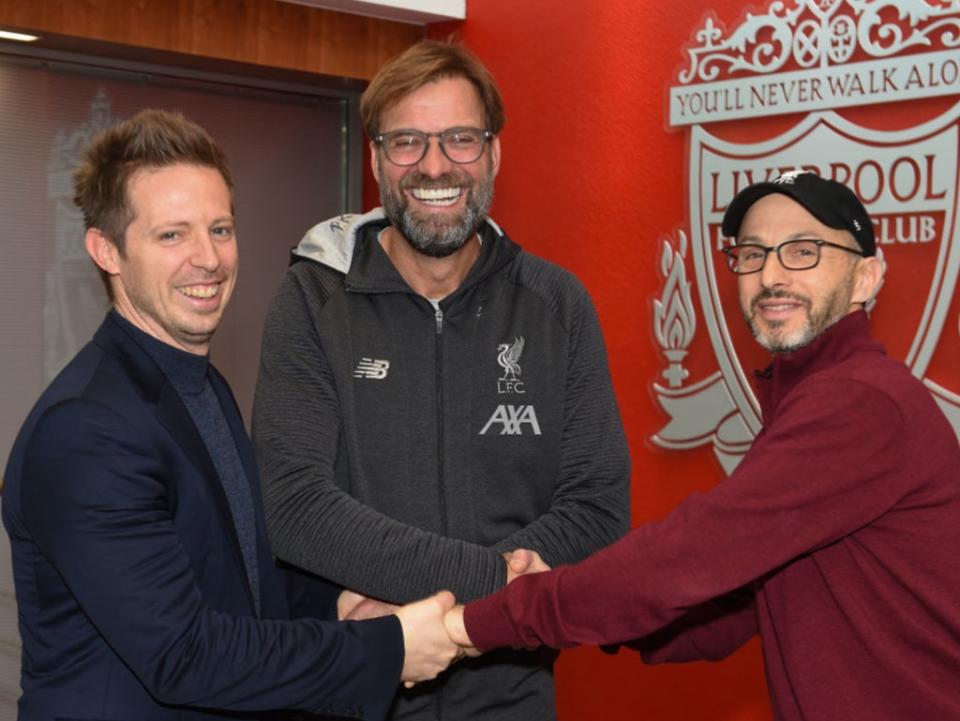 Michael Edwards (left) with Jurgen Klopp and Mike Gordon (Liverpool FC via Getty Images)