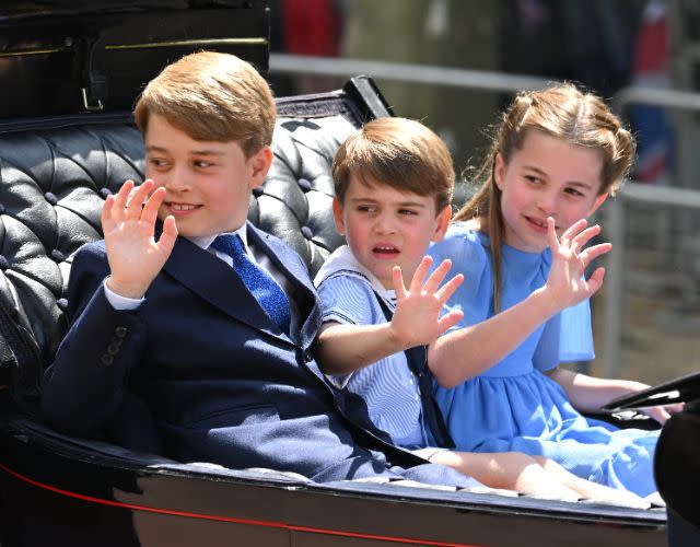 LONDON, ENGLAND – JUNE 02: Prince George, Prince Louis and Princess Charlotte in the carriage procession at Trooping the Colour during Queen Elizabeth II Platinum Jubilee on June 02, 2022 in London, England. The Platinum Jubilee of Elizabeth II is being celebrated from June 2 to June 5, 2022, in the UK and Commonwealth to mark the 70th anniversary of the accession of Queen Elizabeth II on 6 February 1952. Trooping The Colour, also known as The Queen’s Birthday Parade, is a military ceremony performed by regiments of the British Army that has taken place since the mid-17th century. It marks the official birthday of the British Sovereign. This year, from June 2 to June 5, 2022, there is the added celebration of the Platinum Jubilee of Elizabeth II in the UK and Commonwealth to mark the 70th anniversary of her accession to the throne on 6 February 1952. (Photo by Karwai Tang/WireImage)