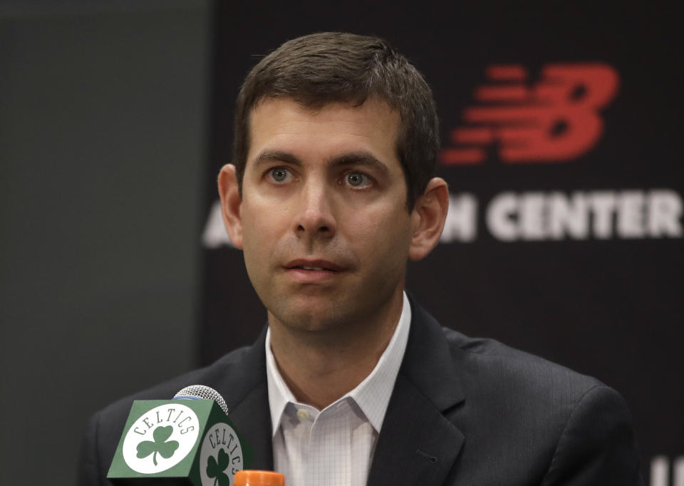 Boston Celtics head coach Brad Stevens listens during a news conference, Wednesday, July 17, 2019, in Boston. Ever since South Bend, Indiana Mayor Pete Buttigieg started running for president, Celtics coach Brad Stevens has been hearing a lot from people who say they look alike. That's okay with Stevens, an Indiana native who coached at Butler in Indianapolis. The 42-year-old coach says he's a fan of the candidate. (AP Photo/Elise Amendola)