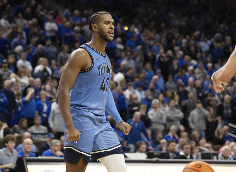 Villanova's Eric Dixon (43) celebrates after Creighton failed to score on their final possession in overtime of an NCAA college basketball game Wednesday, Dec. 20, 2023, in Omaha, Neb. (AP Photo/Rebecca S. Gratz)