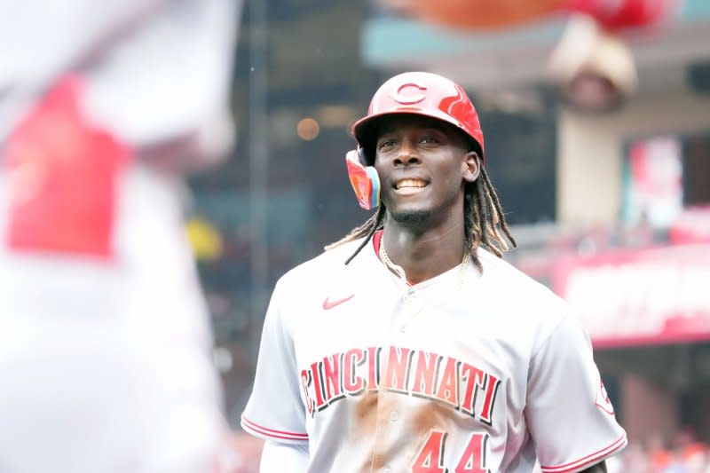 Cincinnati Reds shortstop Elly De La Cruz raked a 450-foot bomb and logged an inside-the-park effort for his first two home runs of 2024 on Monday in Cincinnati. File Photo by Bill Greenblatt/UPI