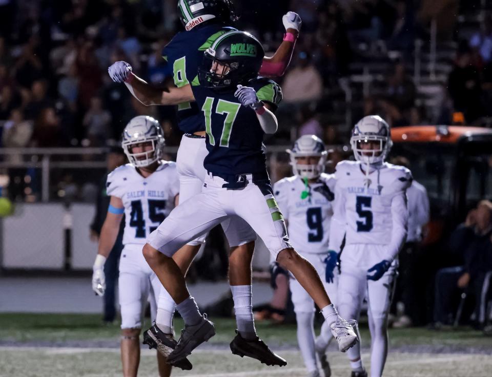Timpanogos’ Gabe Graf celebrates after scoring a touchdown in a high school football game against Salem Hills in Orem on Friday, Oct. 6, 2023.