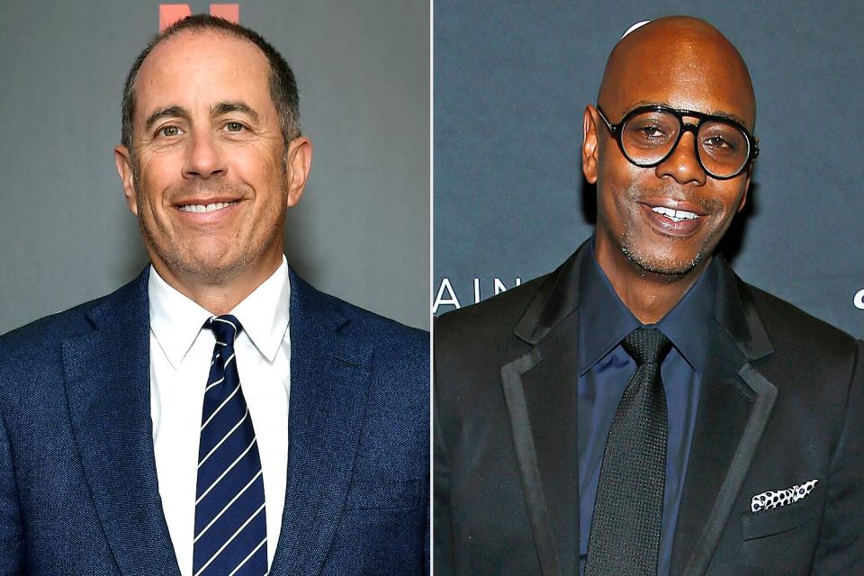 Jerry Seinfeld attends the LA Tastemaker event for Comedians in Cars at The Paley Center for Media on July 17, 2019 in Beverly Hills City. (Photo by Emma McIntyre/Getty Images for Netflix); Dave Chappelle attends the 22nd Annual Mark Twain Prize for American Humor at The Kennedy Center on October 27, 2019 in Washington, DC. (Photo by Paul Morigi/Getty Images)