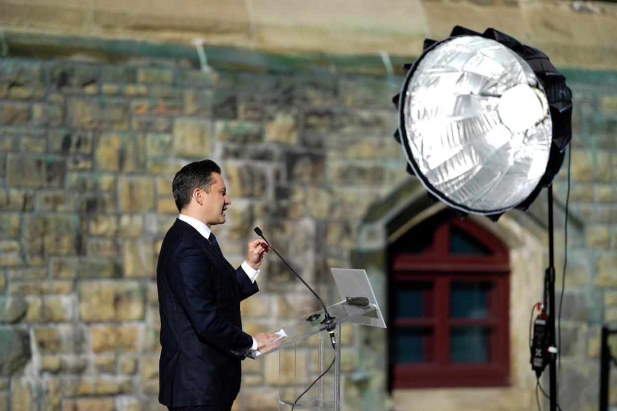 Conservative Leader Pierre Poilievre holds a press conference on Parliament Hill in Ottawa on Tuesday, April 16, 2024. (Sean Kilpatrick/The Canadian Press - image credit)