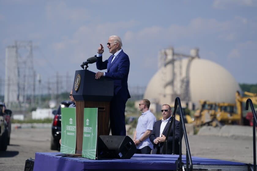 President Joe Biden speaks about climate change and clean energy at Brayton Power Station, Wednesday, July 20, 2022, in Somerset, Mass. (AP Photo/Evan Vucci)