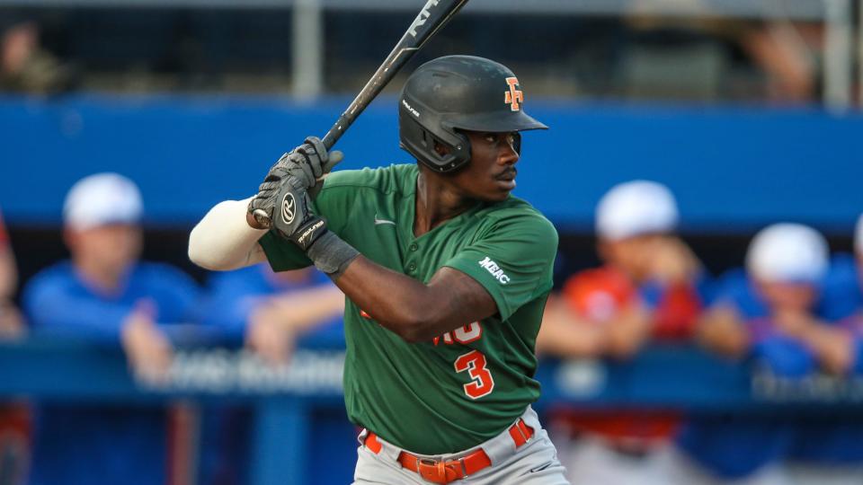 Florida A&M infielder Robert Robinson (3) during an NCAA baseball game against Florida on Wednesday, March 4, 2020, in Gainesville, Fla. (AP Photo/Gary McCullough)