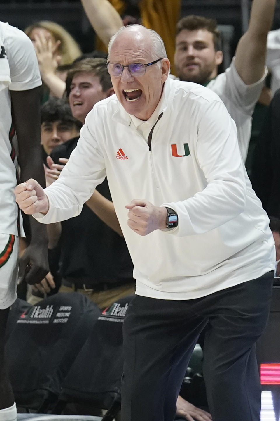 Miami head coach Jim Larrañaga screams during the second half of an NCAA college basketball game against Clemson, Saturday, Dec. 4, 2021, in Coral Gables, Fla. (AP Photo/Marta Lavandier)