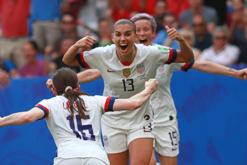 Rose Lavelle (L), Alex Morgan (C), Megan Rapinoe and the United States Women's National Team are favored to win the 2023 Women's World Cup. File Photo by David Silpa/UPI