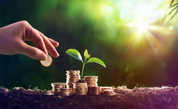 A hand adding a coin to stacks of money with a small plant growing in the midst.