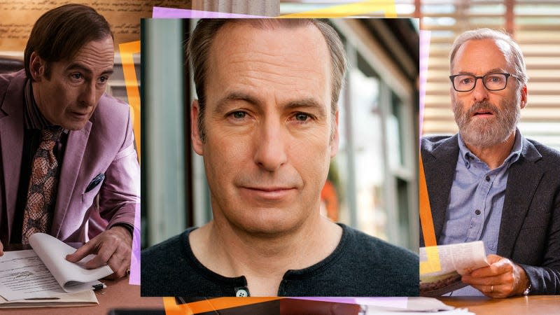 Center: Bob Odenkirk (Photo: Sharon Alagna); left: Odenkirk in Better Call Saul (Photo: Greg Lewis/AMC); right: Odenkirk in Lucky Hank (Photo: Sergei Bachlakov/AMC)