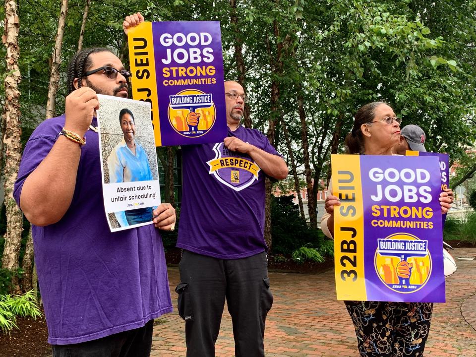 Union members rally at Memorial Park in support of security guards working under allegedly subpar conditions at Brown University.