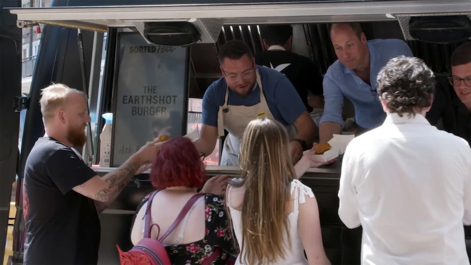 Prince William serving a special Earthshot Burger to a surprised group of customers alongside the Sorted Food crew. (Sorted Food / YouTube)